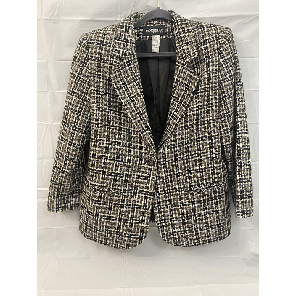 Vintage Sag Harbor Petite Wool Blend Blazer Brown Black Plaid Size 12P